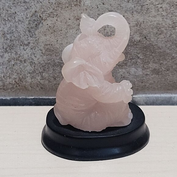 Small Pink Stone Rose Quartz Carved Elephant Statue Trunk Up - Picture 4 of 9